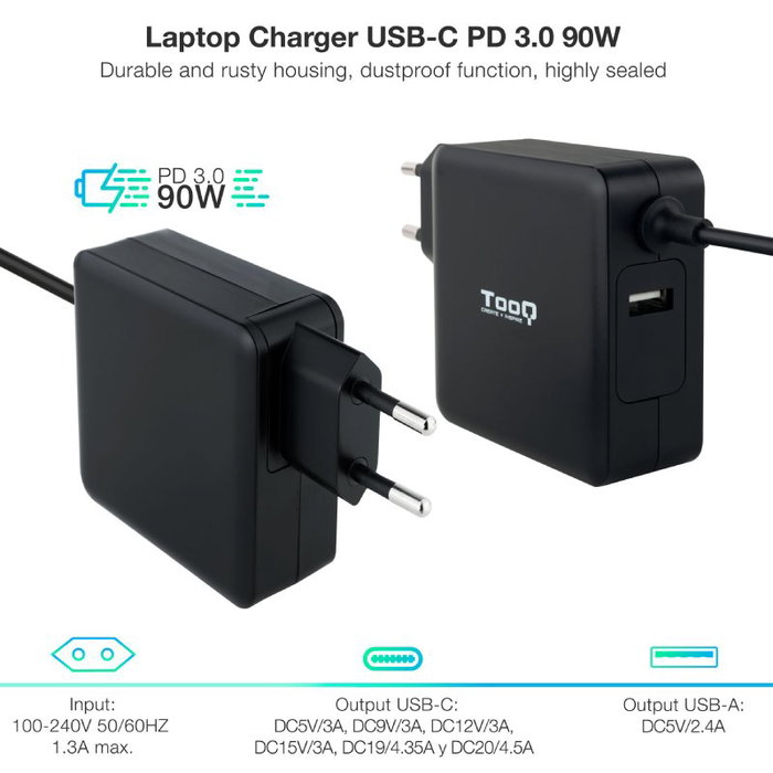 TooQ Cargador de Portátil 90W USB-C Power Delivery PD 3.0, Salida: 5-20V, Conector USB-A, Automático, para Mac, CE FCC RoHS (TQLC-USBC90PD)